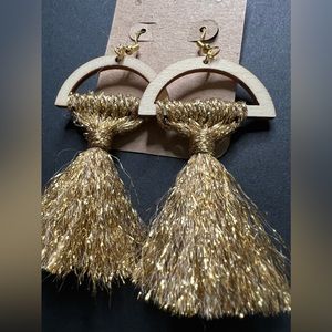029 Custom Handmade Metallic Gold Tassel Earrings on a Wooden Half-Moon Frame